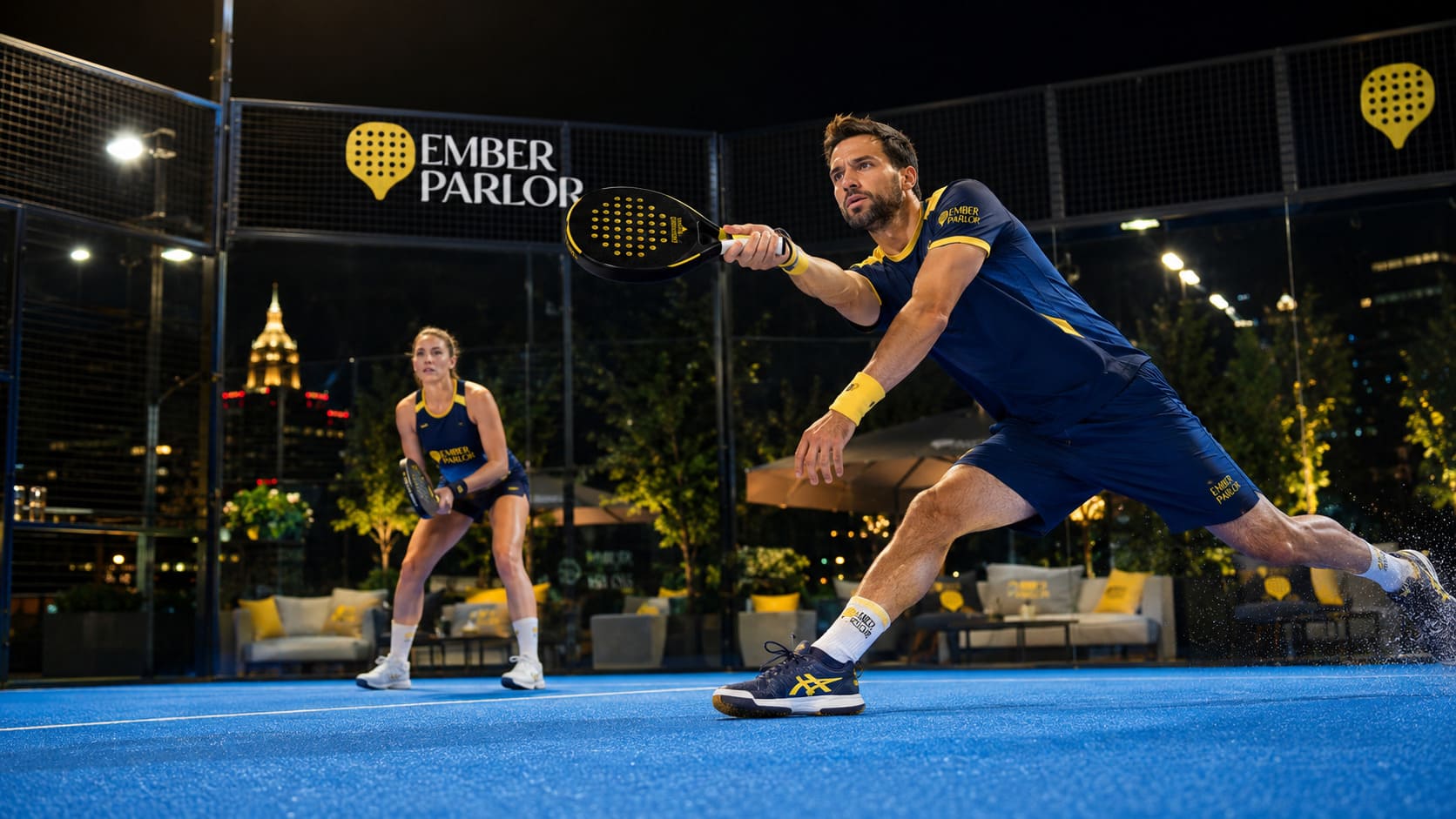 Players on a padel court at Ember Parlor